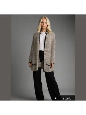 VINTAGE 80s cardigan boucle sweater oversized grey black piping Size L